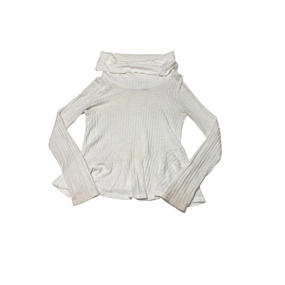 Maeve Anthropologie Cream Ribbed Cowl Neck Peplum Top Womens Small Long Sleeve
